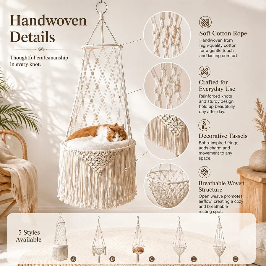 Boho Macrame Hanging Pet Hammock, Hand‑Woven - MyPetDollar.com
