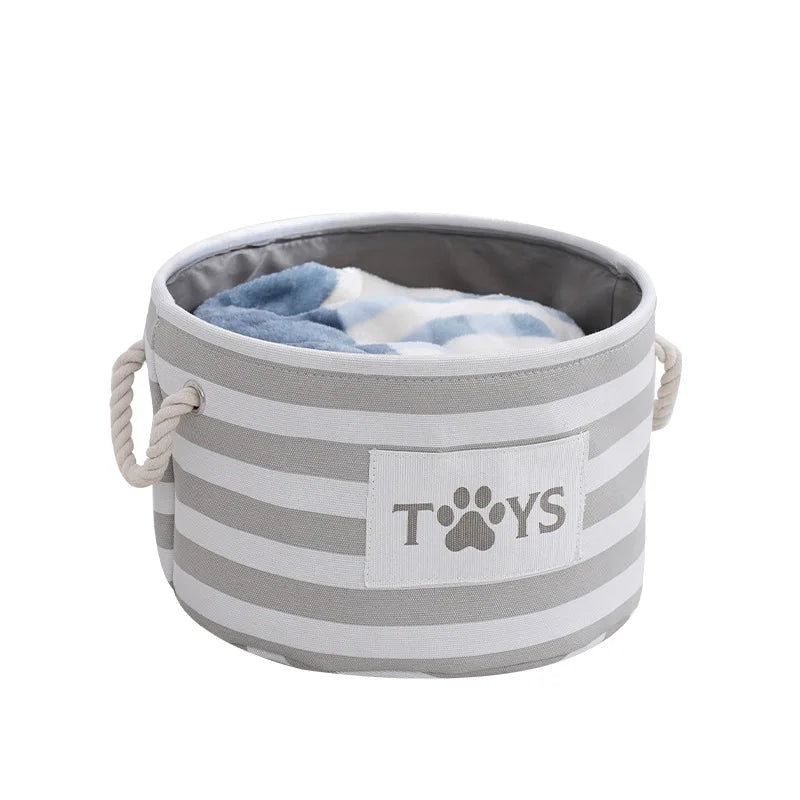 A Foldable Striped Pet Toy Basket and a Dog