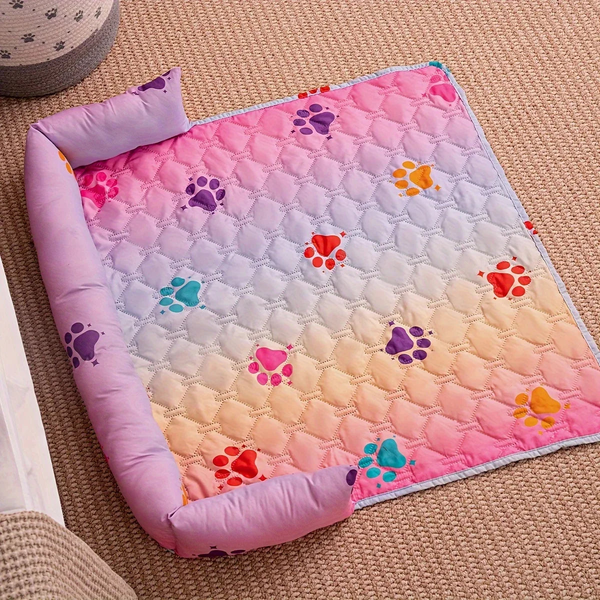 Non-Slip Reversible Rainbow Check Pet Bed with Pillow Waterproof Anti