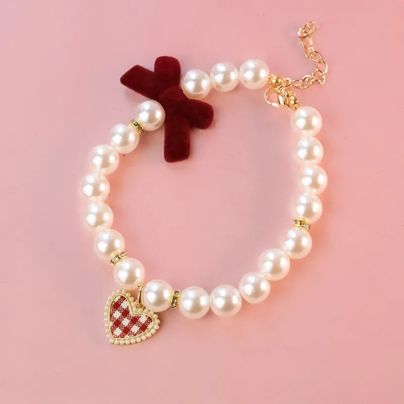 Pet Bow Pearl Collar Cat Jewelry Heart - MyPetDollar.com