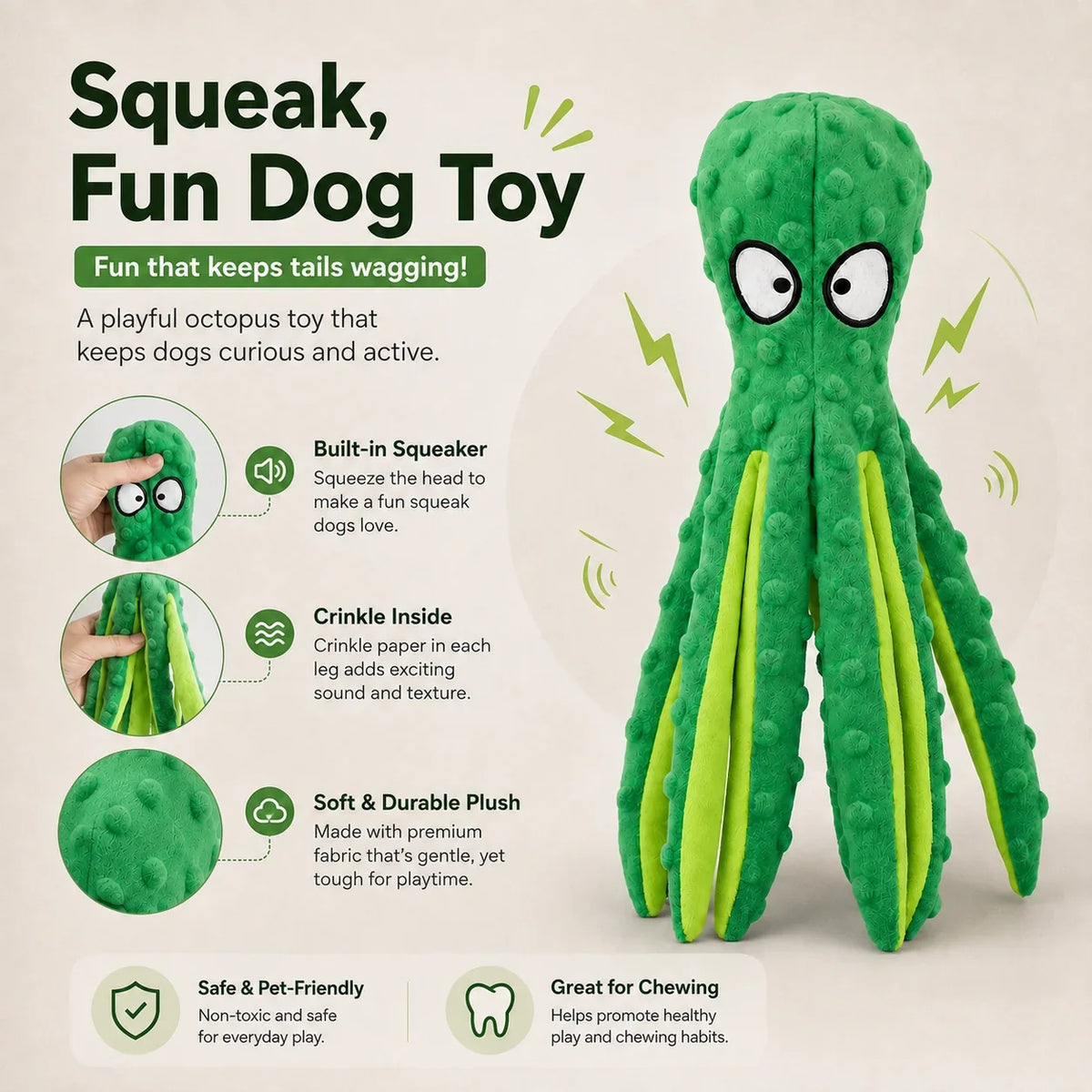 3Pcs Dog Plush Octopus Toy Interactive Sound - MyPetDollar.com