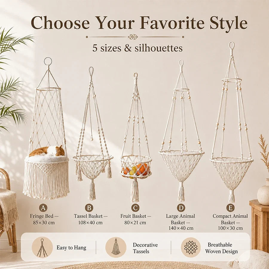 Boho Macrame Hanging Pet Hammock, Hand‑Woven - MyPetDollar.com