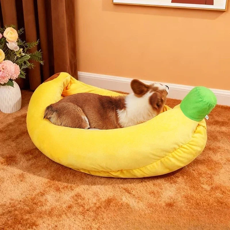Yellow banana-shaped pet bed for dogs and cats