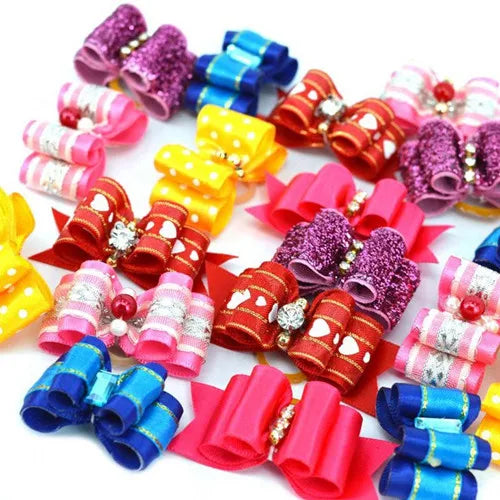 Dog Cute Hair Bows with Rhinestone Flowers Ribbon – 9 Colors