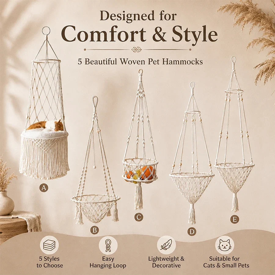 Boho Macrame Hanging Pet Hammock, Hand‑Woven - MyPetDollar.com