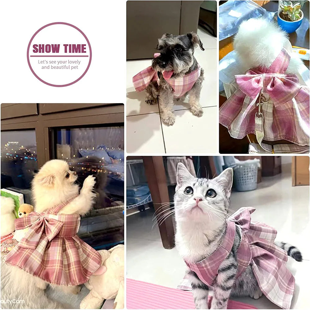 Plaid Dog Dress Bow Tie Harness Leash Set - MyPetDollar.com