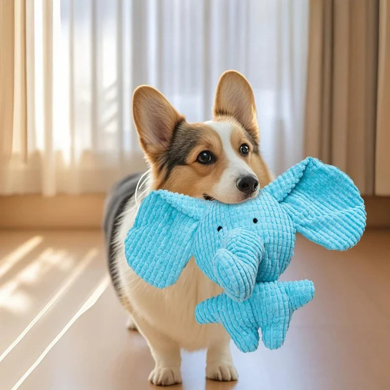 Dog Toys Blue Corduroy Elephant Plush Squeaky Chew, Soft