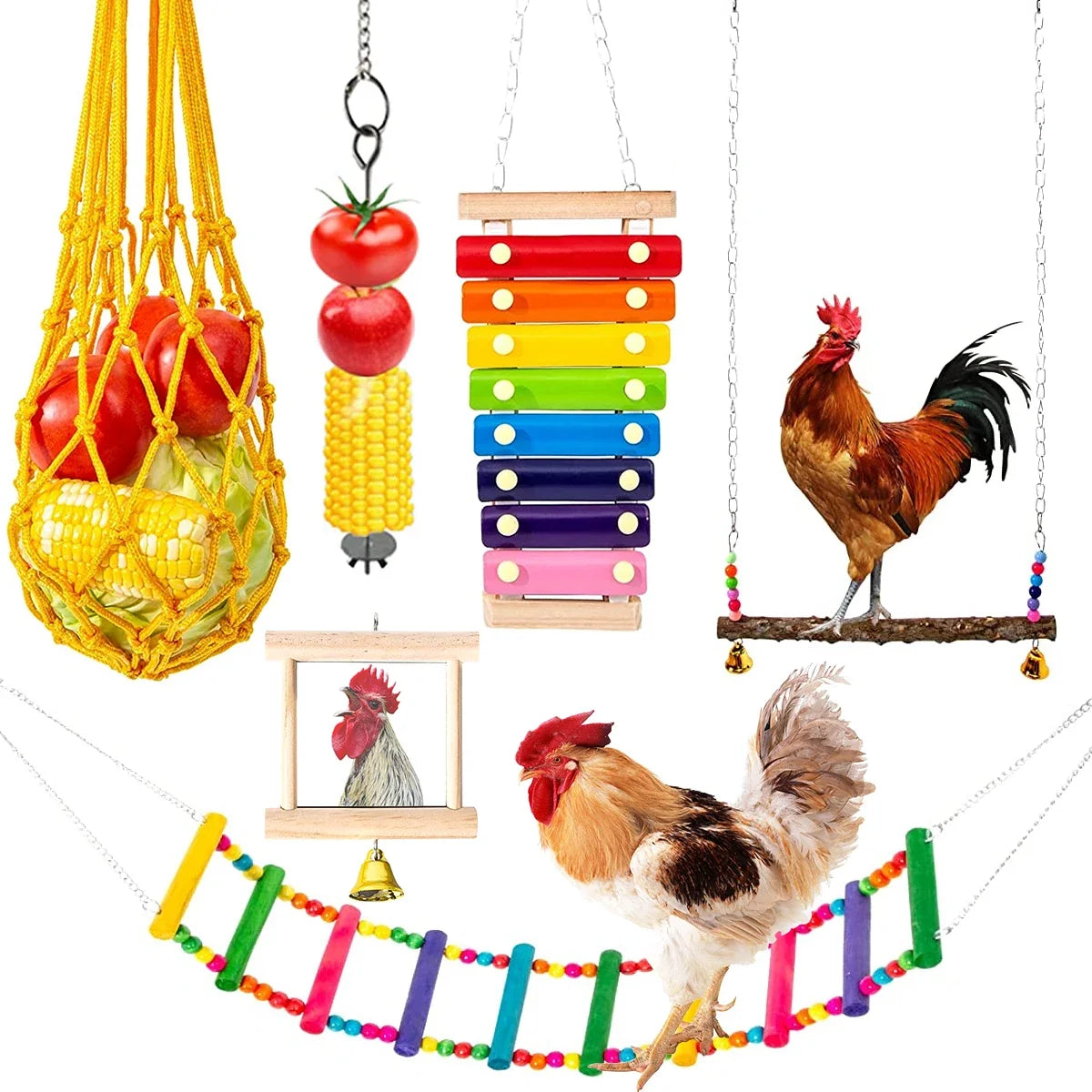 Wood Chewing Foraging Toys Chicken Set – 3 Colors