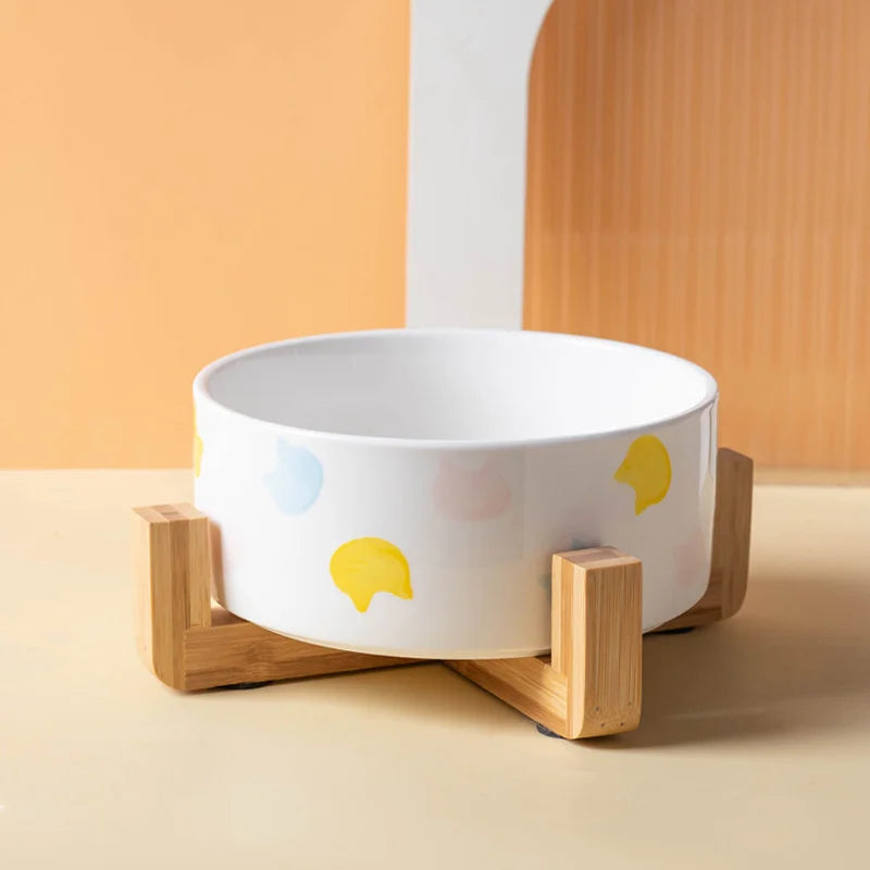 Ceramics Dog Bowl with Wood Mat Wide Mouth - MyPetDollar.com