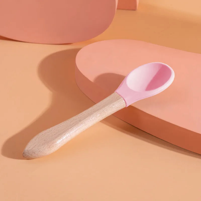 Multi - Color Pet Silicone Feeding Spoon Wooden Handle Food