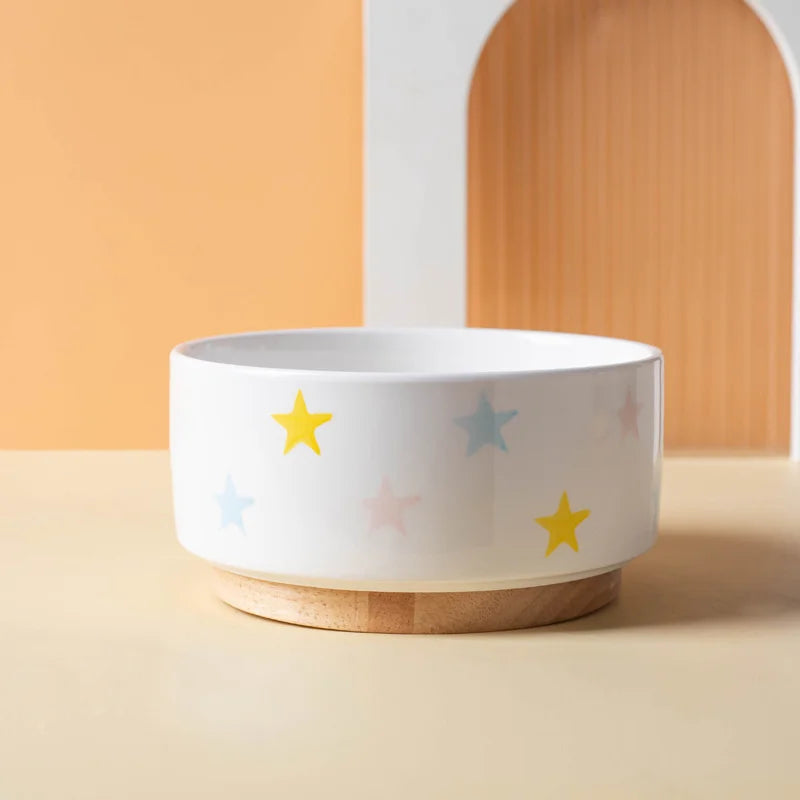 Ceramics Dog Bowl with Wood Mat Wide Mouth - MyPetDollar.com