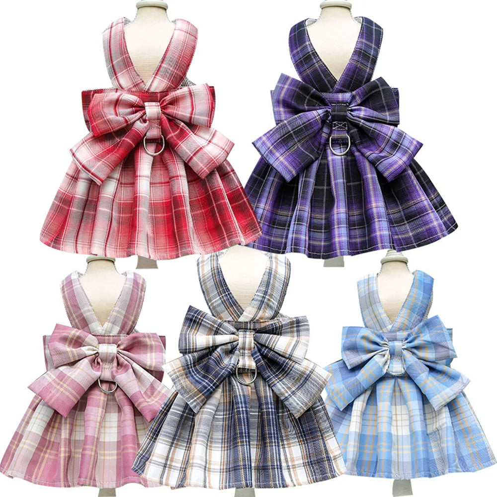 Plaid Dog Dress Bow Tie Harness Leash Set - MyPetDollar.com