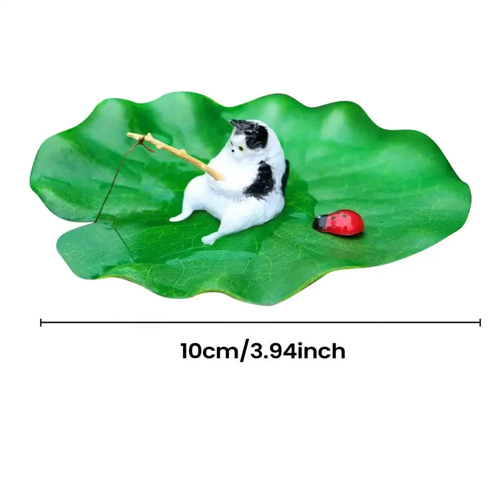 Resin Mini Floating Cat Fishing Lotus Leaf Aquarium Decoration – 7 Colors