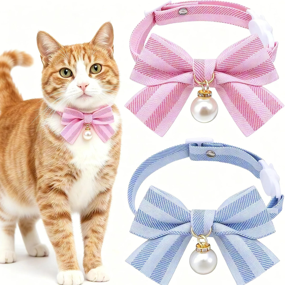 1Pc Breakaway Cat Bowtie Collar, Pearl Decor - MyPetDollar.com