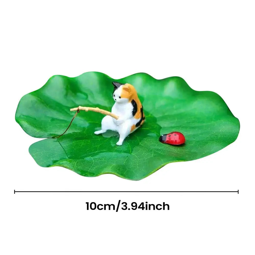 Resin Mini Floating Cat Fishing Lotus Leaf Aquarium Decoration – 7 Colors