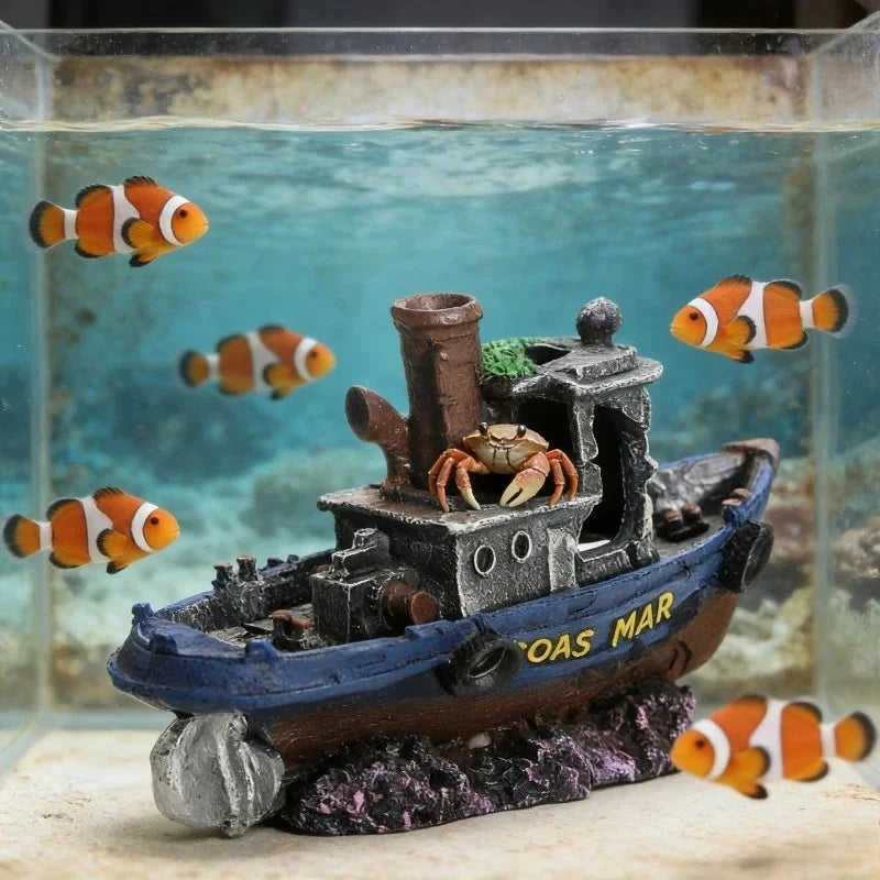 Resin Sunken Pirate Ship Aquarium Ornament, - MyPetDollar.com