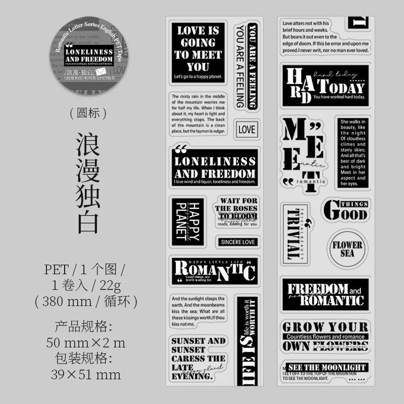 1roll Romantic English Die Cut Tape PET Material Decorative – 6 Colors