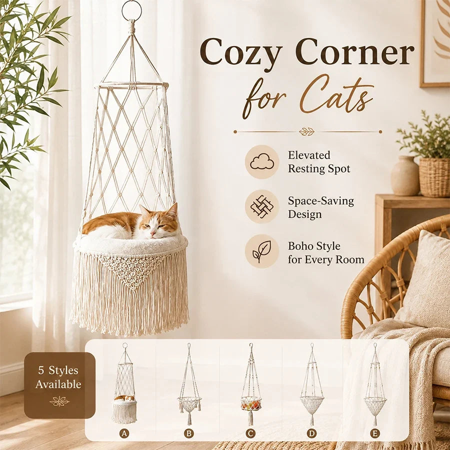 Boho Macrame Hanging Pet Hammock, Hand‑Woven - MyPetDollar.com