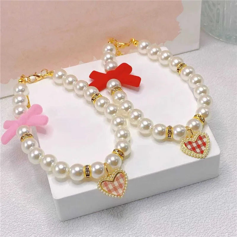 Pet Bow Pearl Collar Cat Jewelry Heart - MyPetDollar.com
