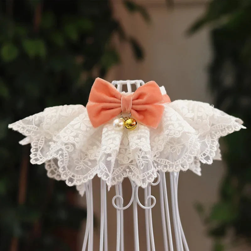 Lace Bowknot Pearl With Bell Neckerchief Pet - MyPetDollar.com