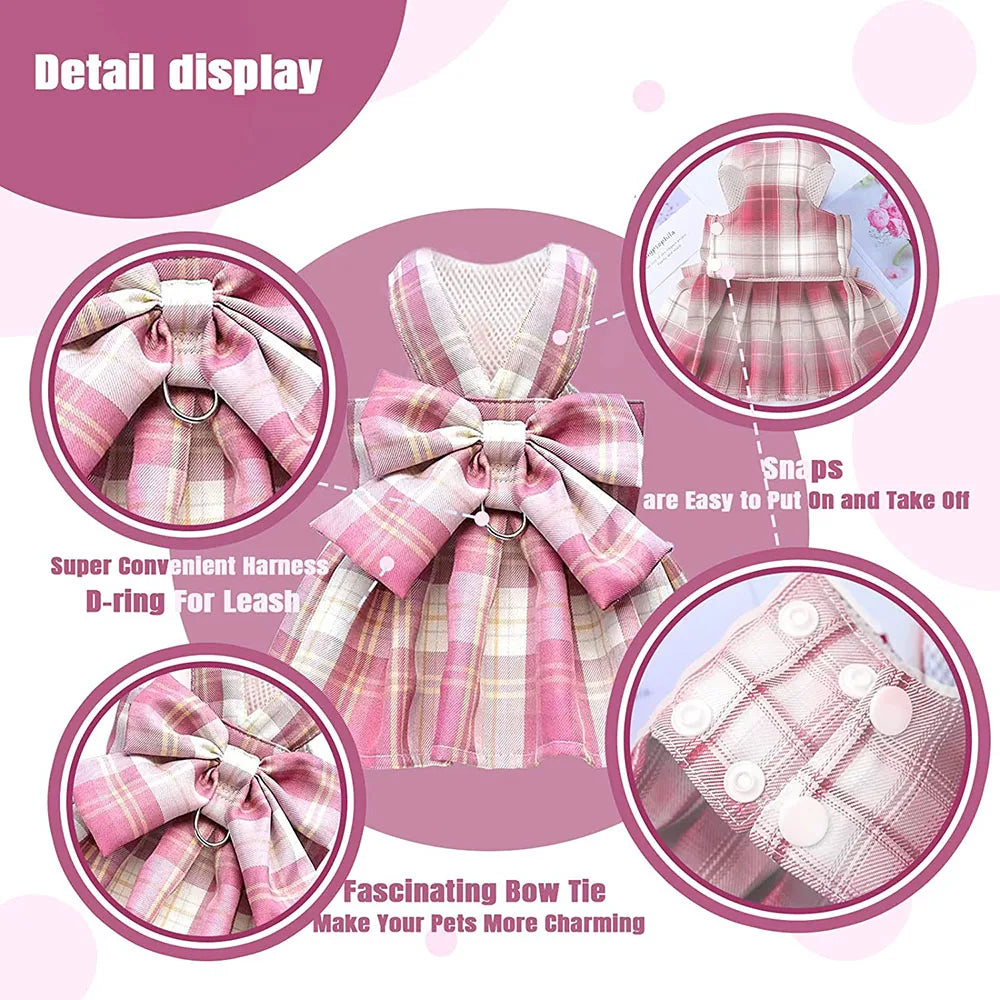 Plaid Dog Dress Bow Tie Harness Leash Set - MyPetDollar.com