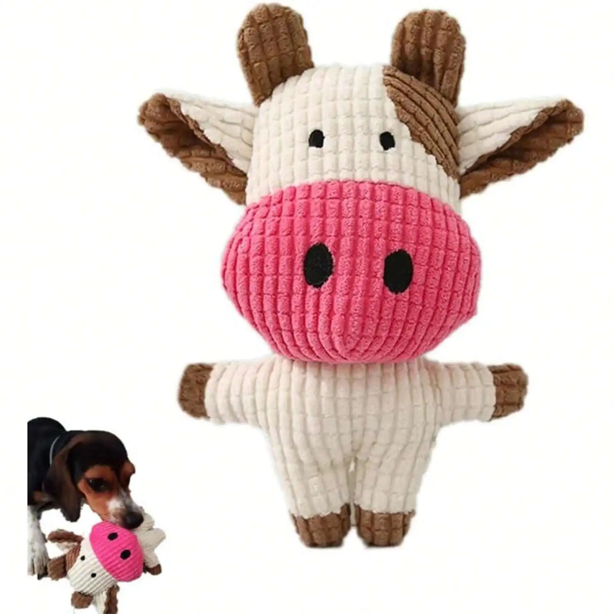 Cow Shaped Corduroy Dog Plaything Squeaky Plush Chew Bone, Interactive