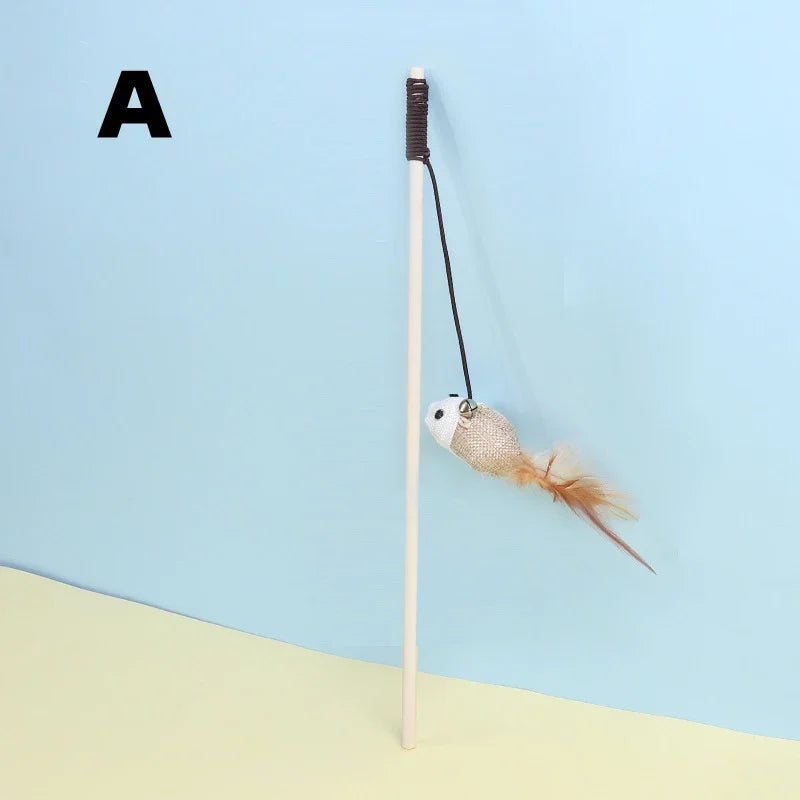 Mouse Wooden Teasing Cat Rod Toy Pet Supplies Feather Bell