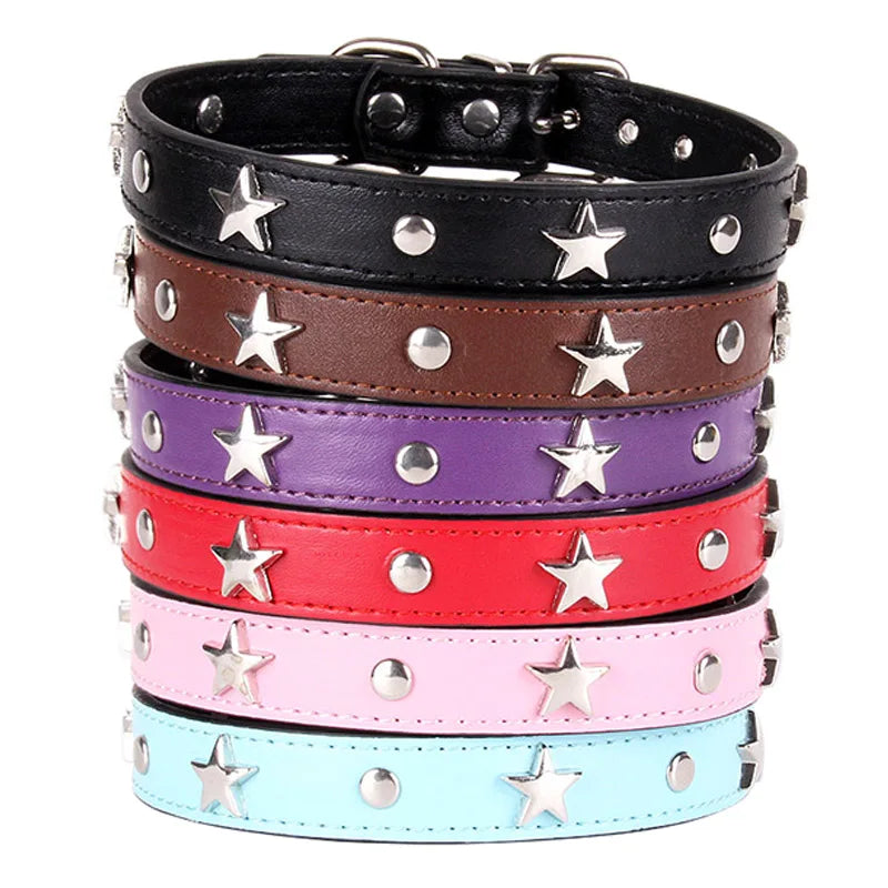 S/M/L Star Studded Pet Dog Collar Leather - MyPetDollar.com