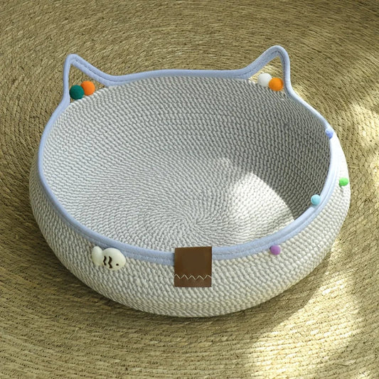 Cartoon Pet Cat Bed Round Hand Woven Rattan - MyPetDollar.com