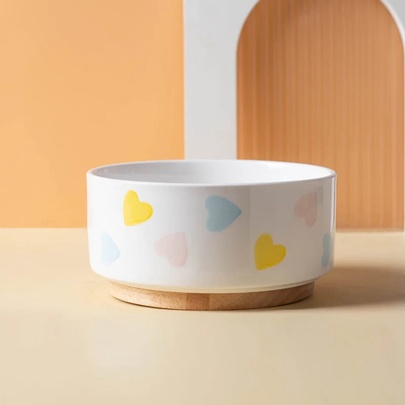 Ceramics Dog Bowl with Wood Mat Wide Mouth - MyPetDollar.com