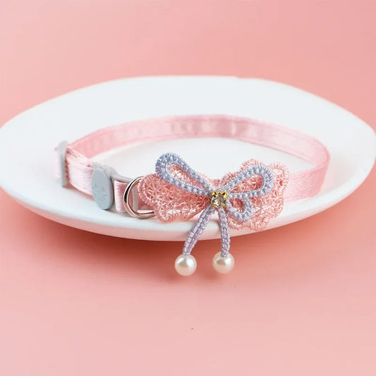 Pet Collar Pink Lace Bow Hanging Bead Cat - MyPetDollar.com