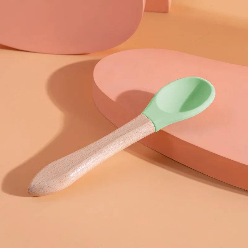 Multi - Color Pet Silicone Feeding Spoon Wooden Handle Food
