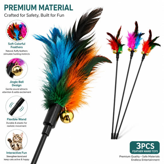 Cat Feather Teaser Wand Toys 3pcs Set - MyPetDollar.com