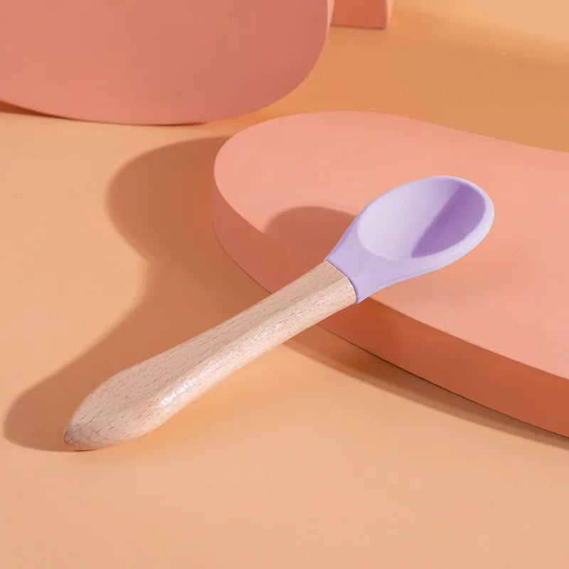 Multi - Color Pet Silicone Feeding Spoon Wooden Handle Food