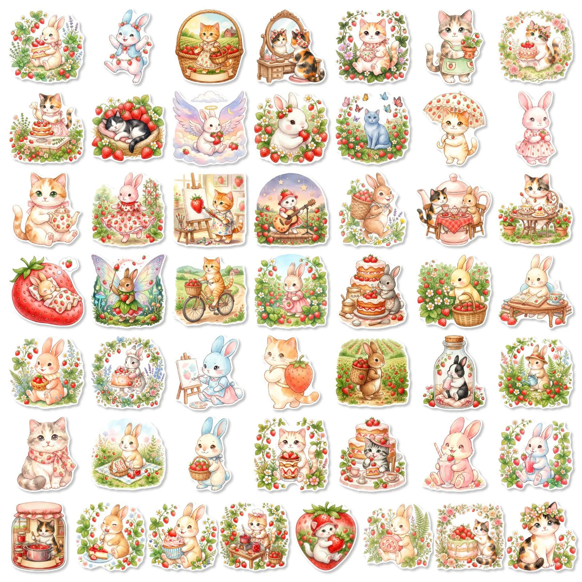 50-Pack Healing Strawberry Cat & Rabbit Cartoon Stickers for Small Pets