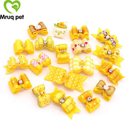 Dog Cute Hair Bows with Rhinestone Flowers Ribbon – 9 Colors