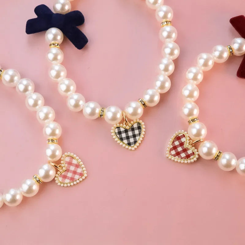 Pet Bow Pearl Collar Cat Jewelry Heart - MyPetDollar.com