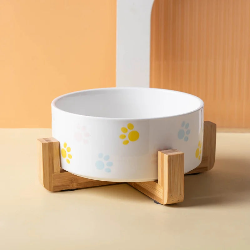 Ceramics Dog Bowl with Wood Mat Wide Mouth - MyPetDollar.com