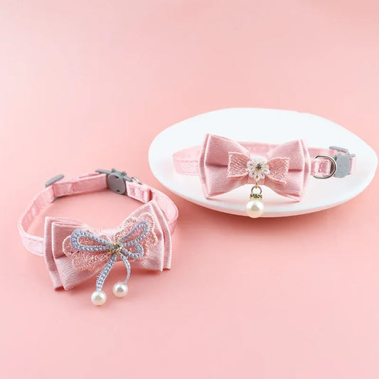 Pet Collar Pink Lace Bow Hanging Bead Cat - MyPetDollar.com