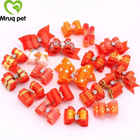Dog Cute Hair Bows with Rhinestone Flowers Ribbon – 9 Colors