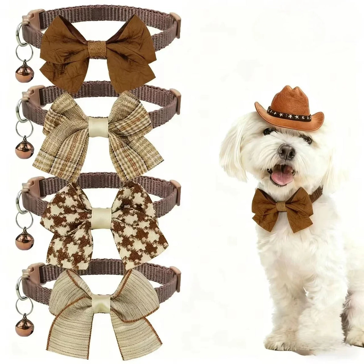 1/4PCS Brown Winter Dog Collar Bowknot Puppy - MyPetDollar.com