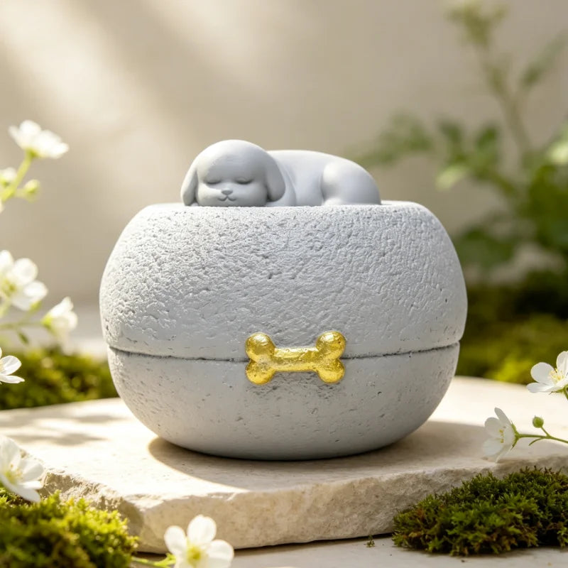 Grey Resin Pet Urn with Sleeping Puppy and - MyPetDollar.com