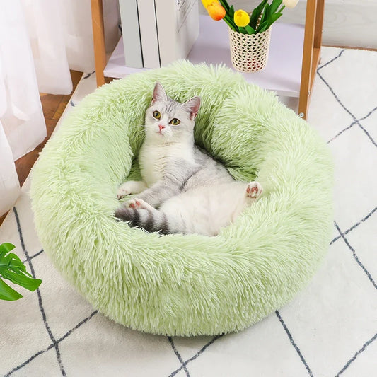 Calming donut pet bed in long plush