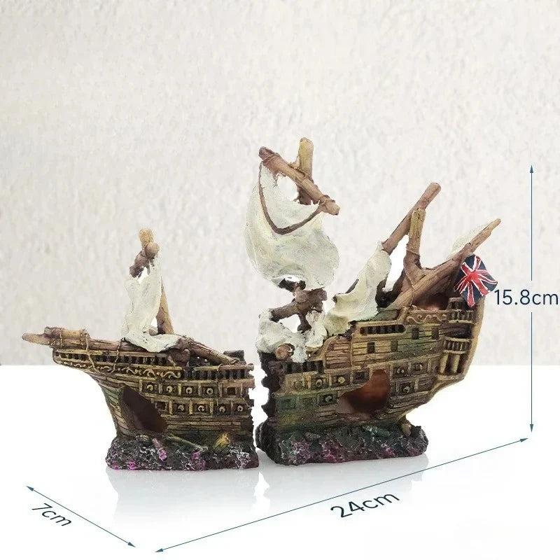 Resin Sunken Pirate Ship Aquarium Ornament, - MyPetDollar.com