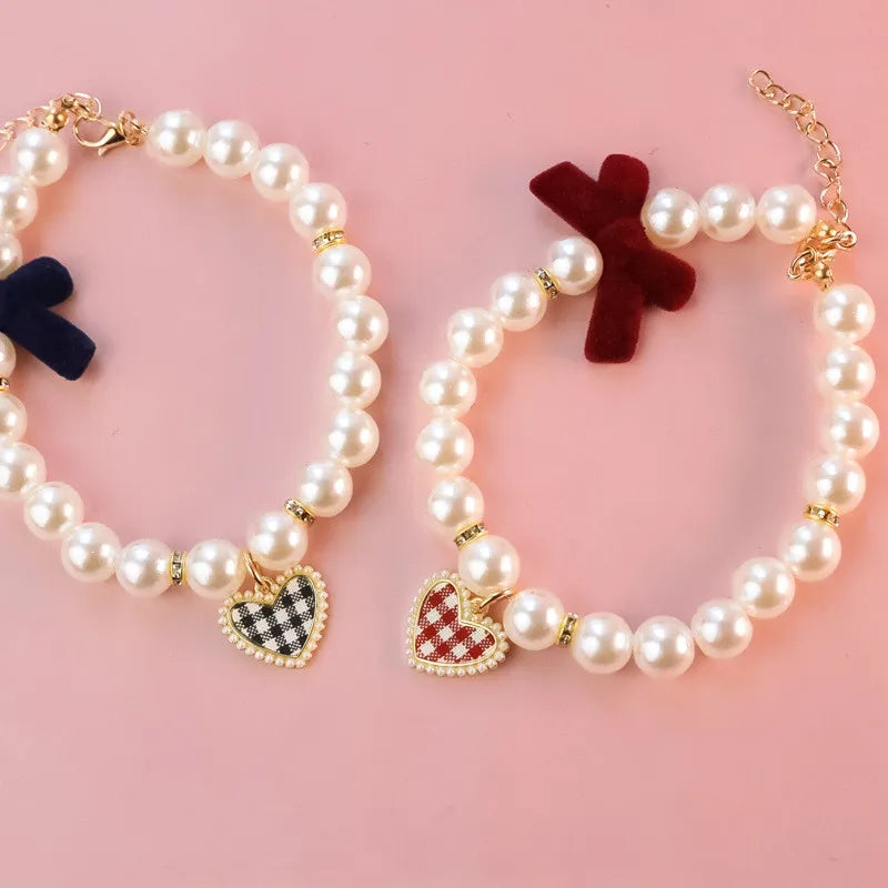 Pet Bow Pearl Collar Cat Jewelry Heart - MyPetDollar.com