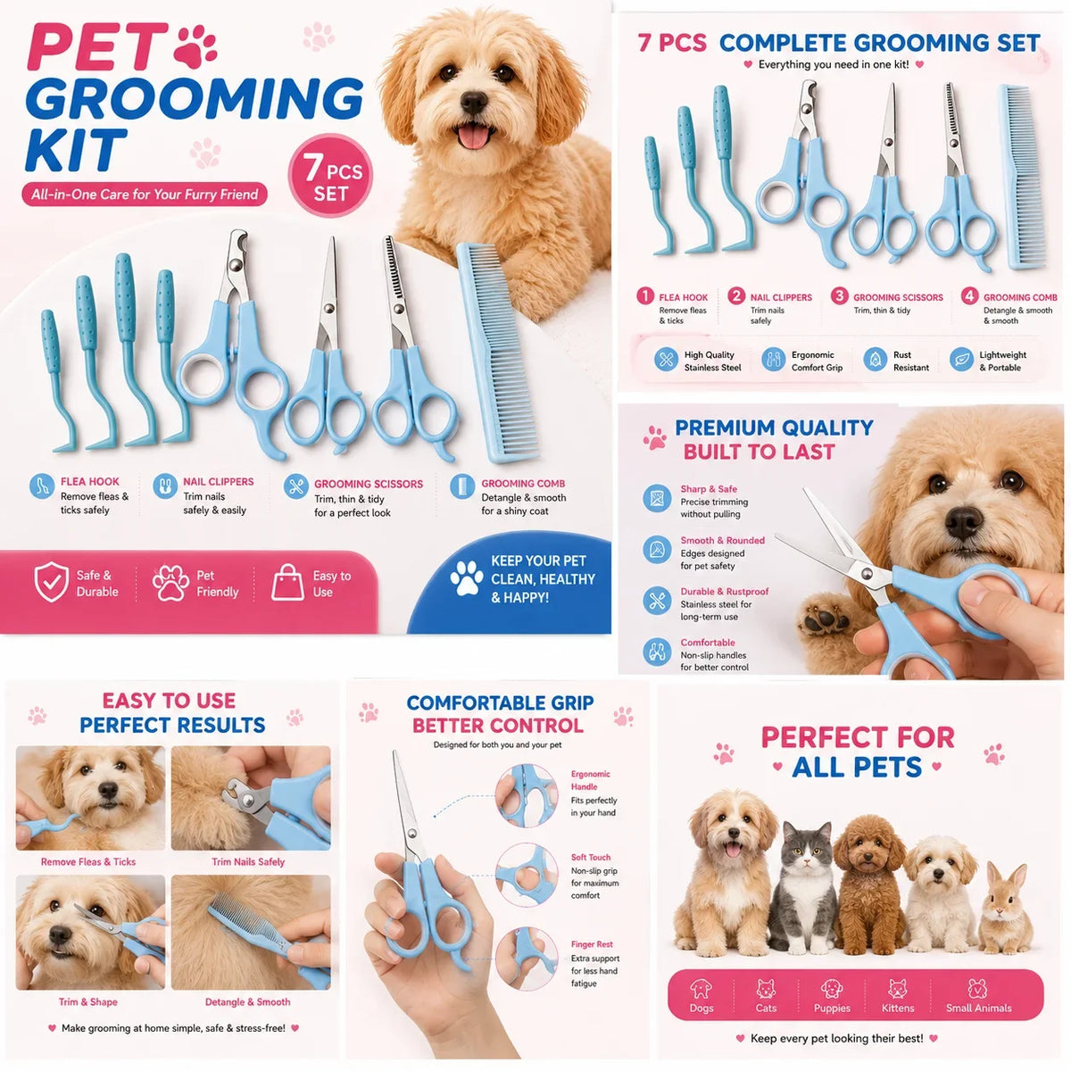 7Pcs Pet Grooming Kit Dog Cat Hair Scissors - MyPetDollar.com