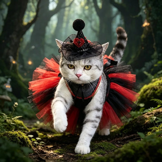 Black Red Tulle Skirt Witch Hat Pet Cat - MyPetDollar.com