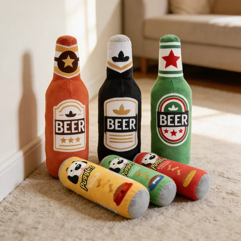 Realistic Beer Plush Dog Toy Squeaky BB - MyPetDollar.com