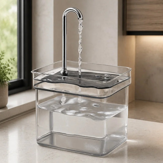 Quiet filtered cat water fountain with clear reservoir
