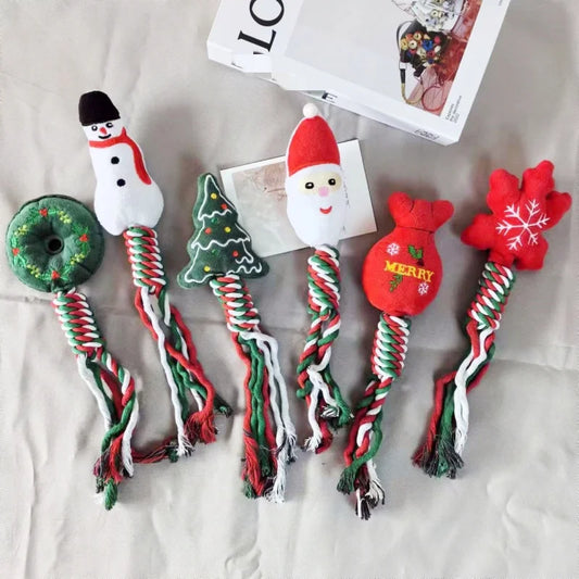 Christmas Themed Plush Rope Dog Toy Squeaky - MyPetDollar.com